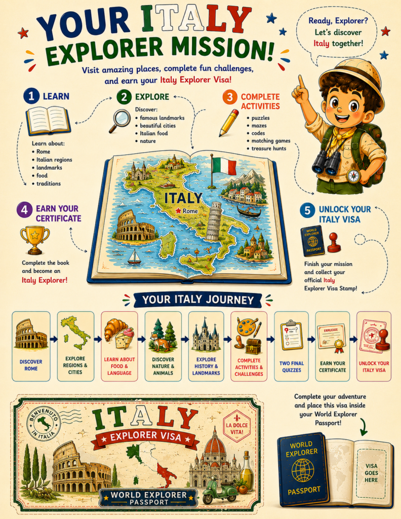 Italy Explorer Level 3 printable geography activity book with country missions, maps, and cultural discoveries
