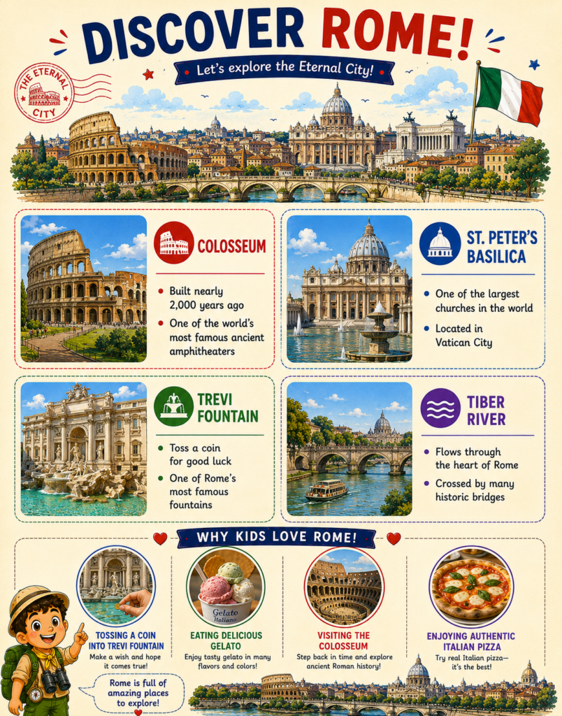 Famous Rome landmarks for kids including the Pantheon, Roman Forum, Piazza Navona and Castel Sant'Angelo.