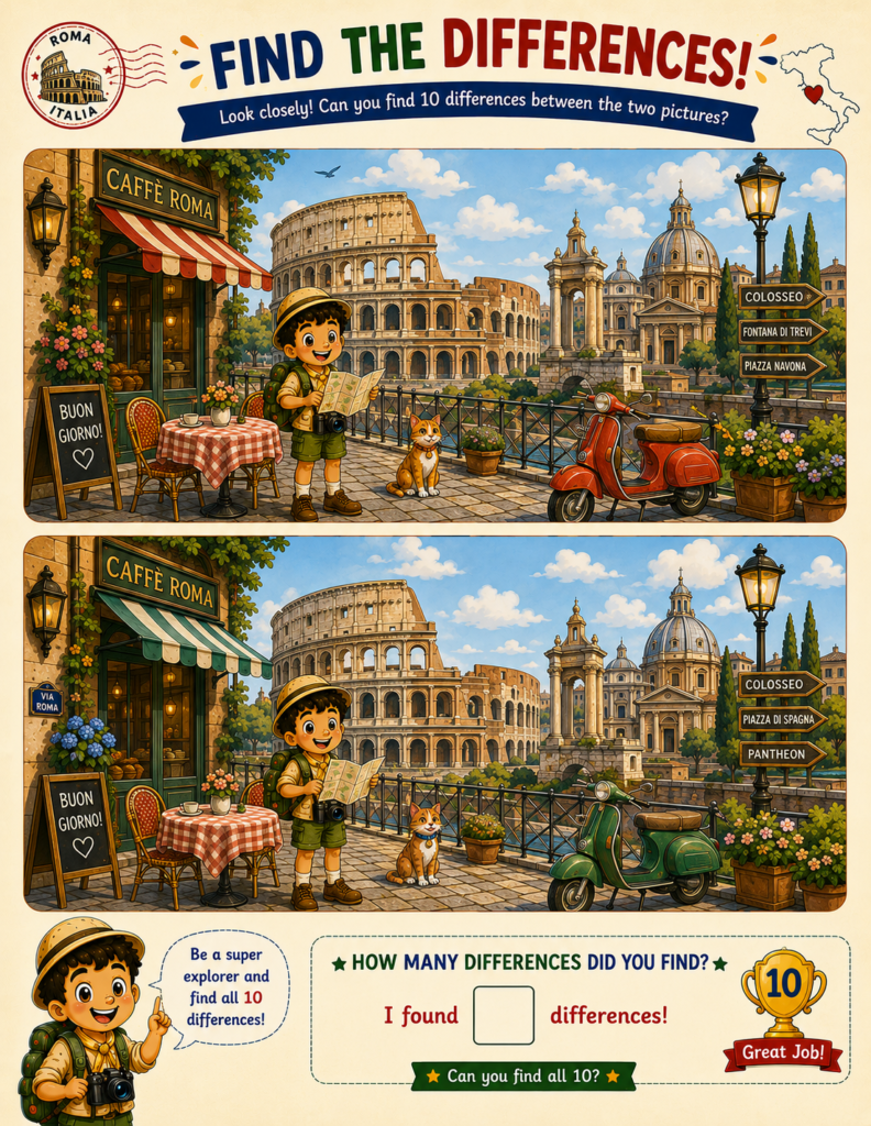 Geography puzzle activities including spot the difference and matching games