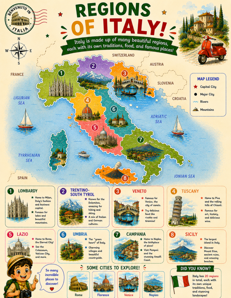 Illustrated map of the regions of Italy for kids with famous cities, landmarks and geography facts.