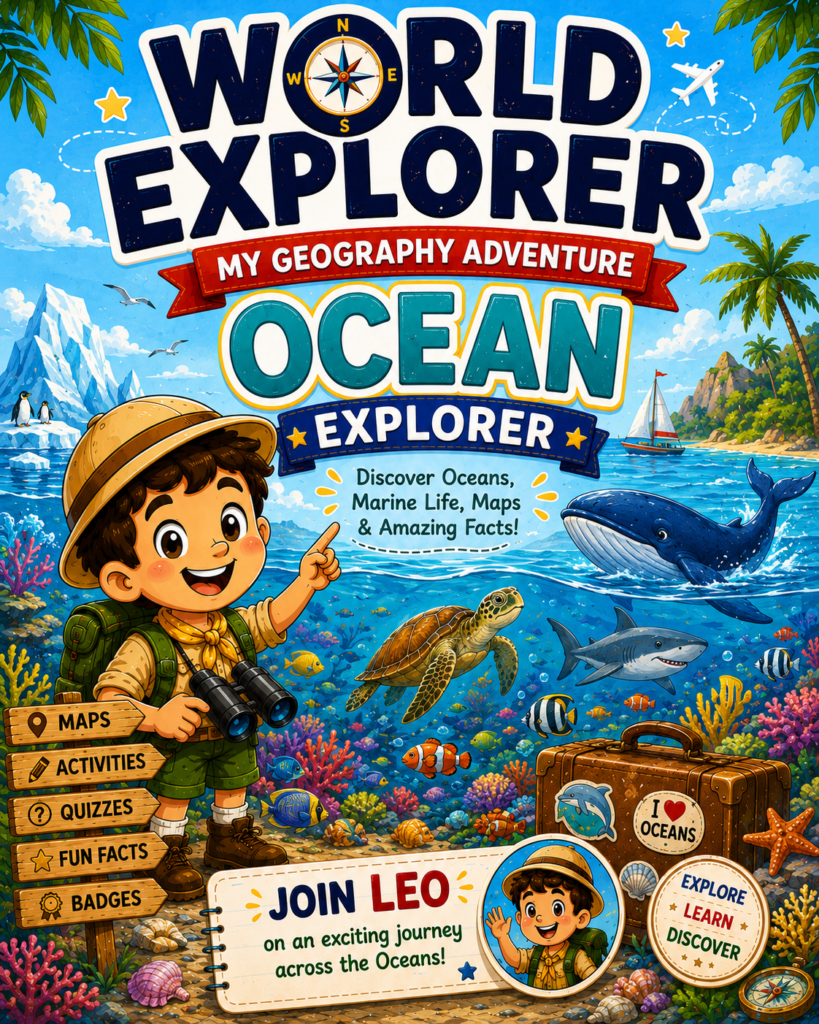 Ocean Explorer printable activity book cover for kids ages 6-9