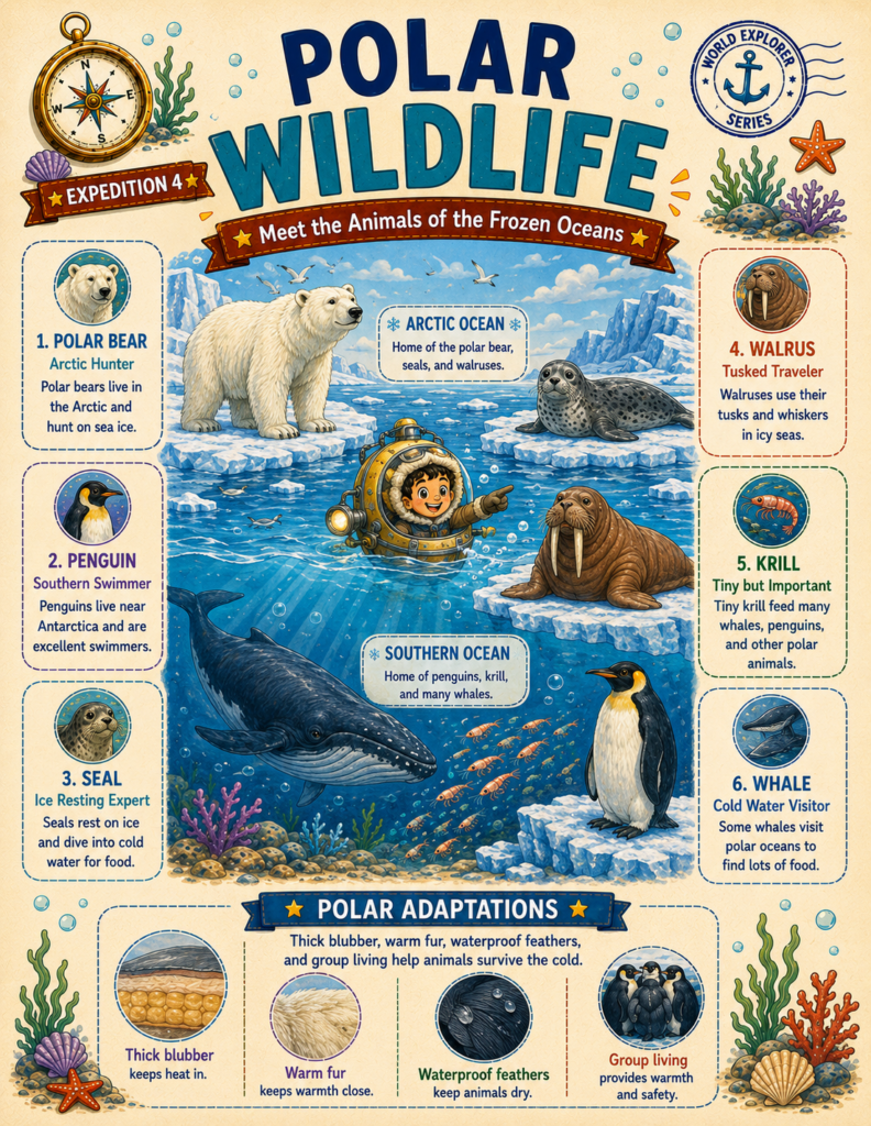 Polar wildlife and coral reef animals educational pages for kids