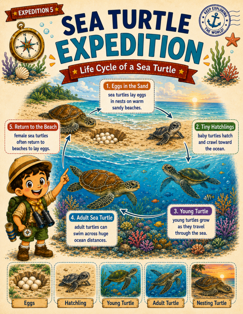 Sea turtle fact page, coloring page, learning activity and maze for kids