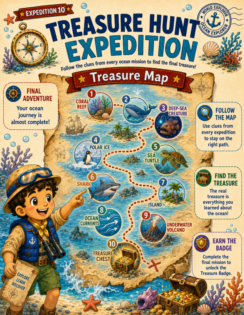 Treasure hunt map and shark learning pages from the Ocean Explorer activity book
