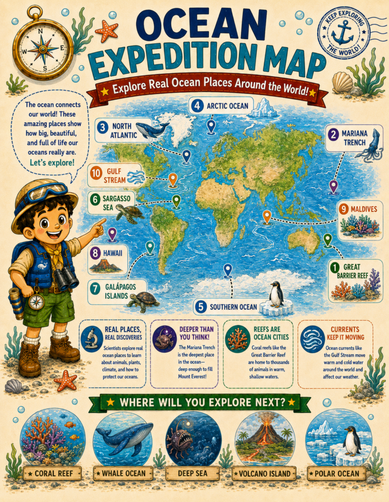Ocean expedition world map and ocean currents educational pages for kids