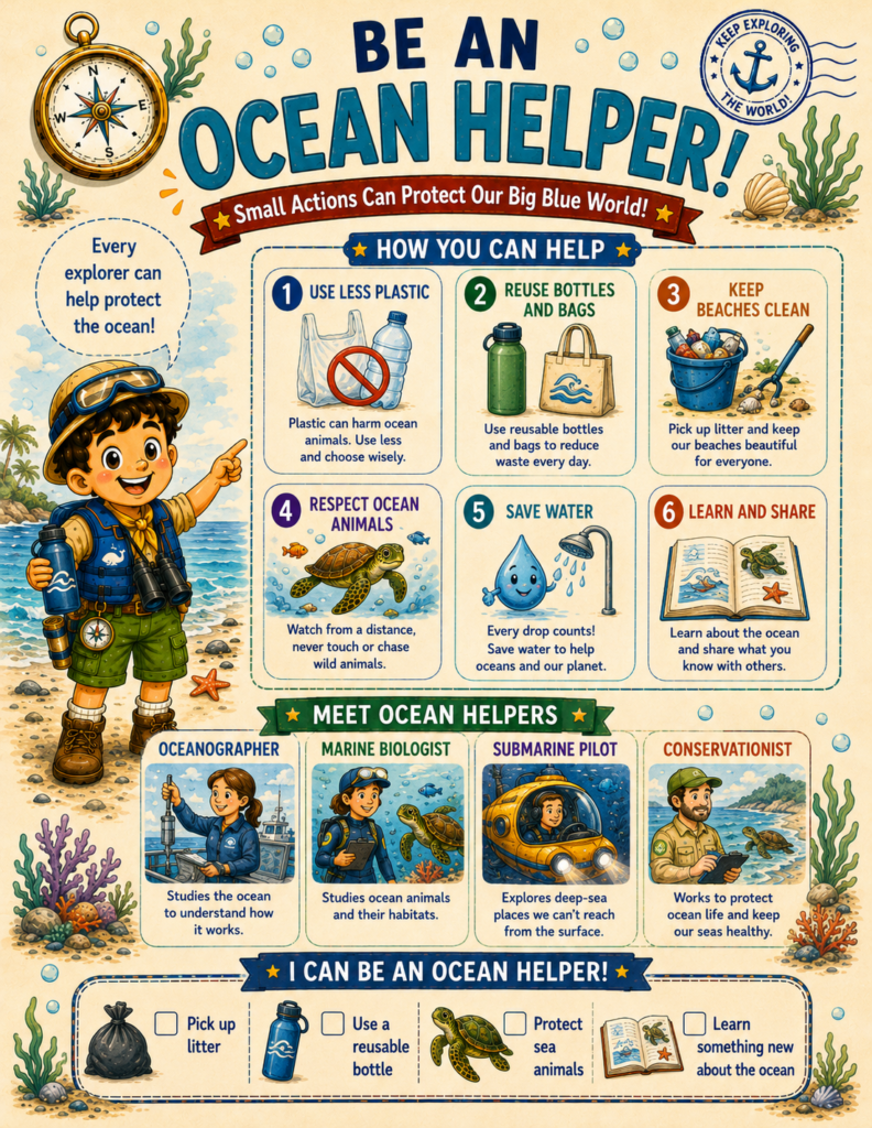 Ocean conservation activities and ocean helper educational page for children