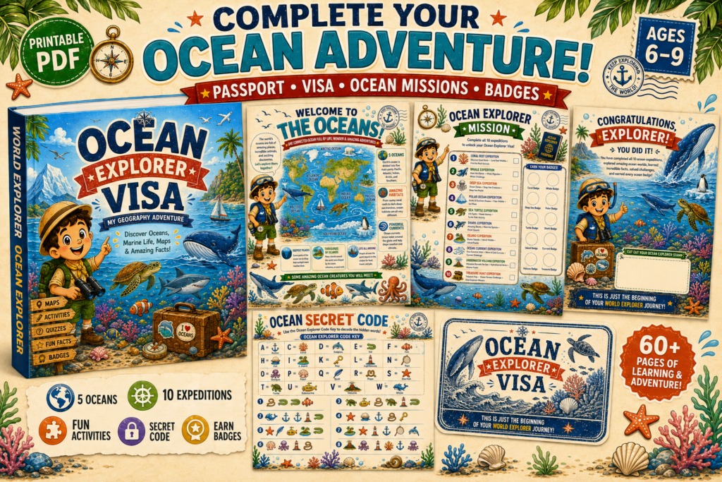 Ocean Explorer printable activity book with passport, missions and educational activities
