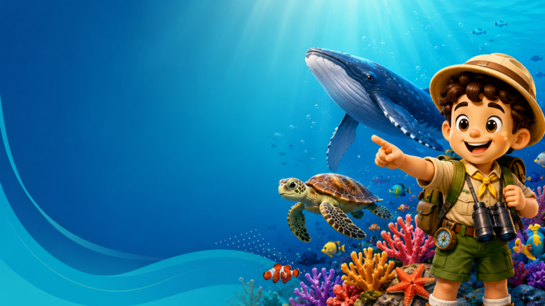 Ocean explorer for kids with a sea turtle, humpback whale, and coral reef illustration