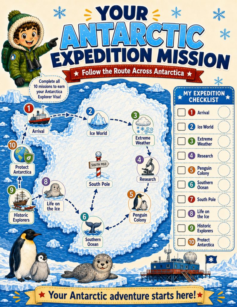 Antarctica Explorer printable activity book cover and expedition mission map for children featuring interactive geography adventures, checkpoints, and learning activities.