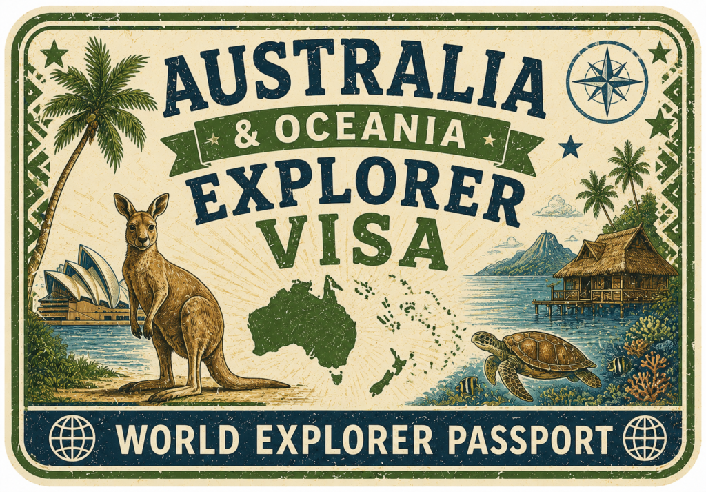 Australia and oceania geography for kids printable certificate of achievement and cutout visa stamp for World Explorer Passport