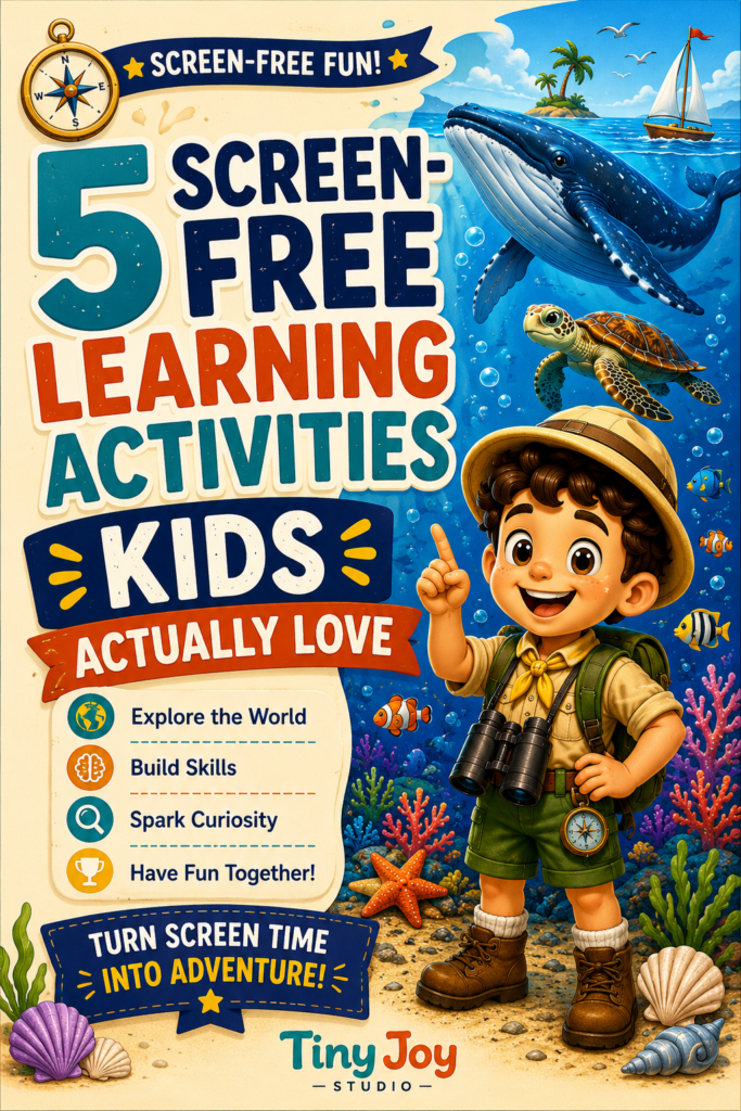 Five fun screen-free learning activities that help kids explore, learn, and build curiosity through hands-on play. reduce screen time for kids activity book
