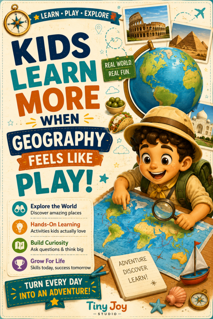 Kids learning geography through maps, exploration, and interactive educational activities instead of screen time