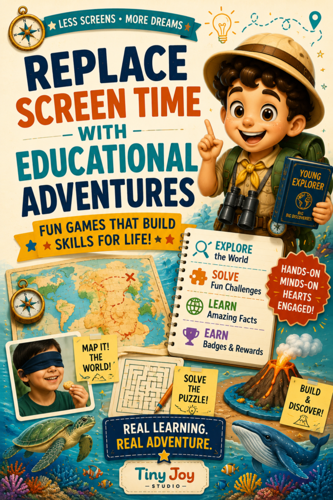 Educational adventures that replace screen time with puzzles, maps, games, and real-world learning for kids