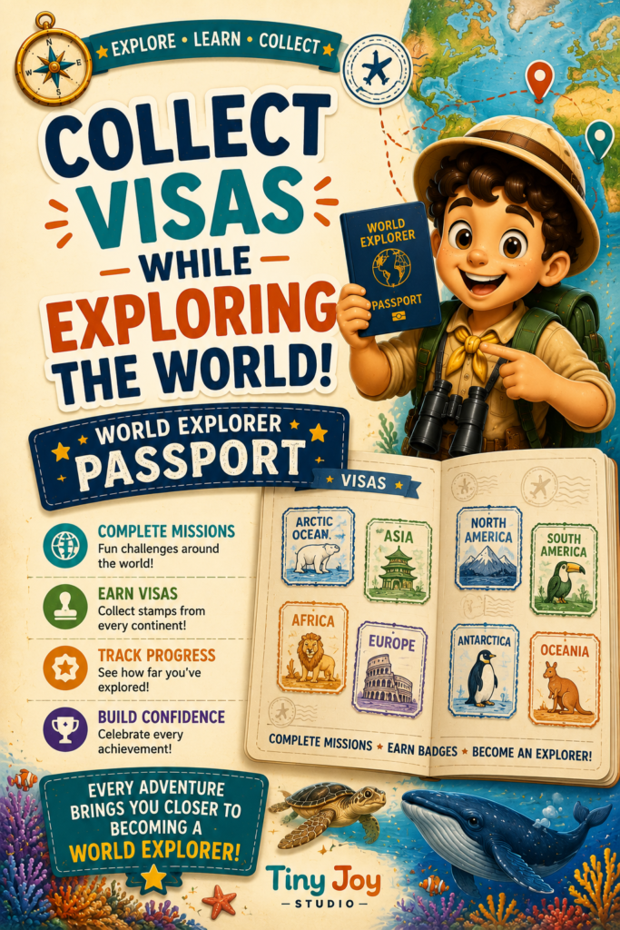 World Explorer Passport with collectible visas, explorer missions, badges, and geography adventures for children