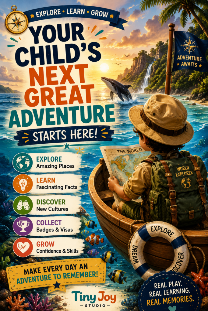 Young world explorer beginning an exciting ocean adventure filled with maps, discovery, badges, and educational fun