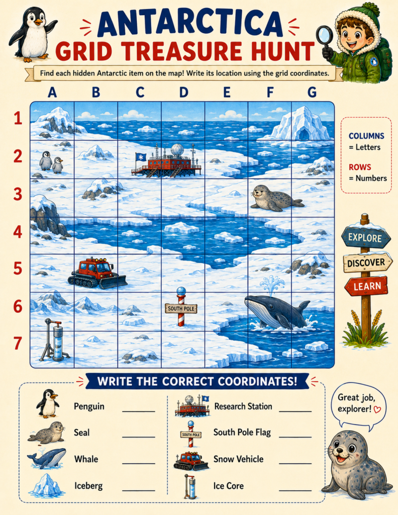 Printable Antarctica learning activities for kids including treasure hunt, secret code puzzle, and word search designed to teach geography through play.