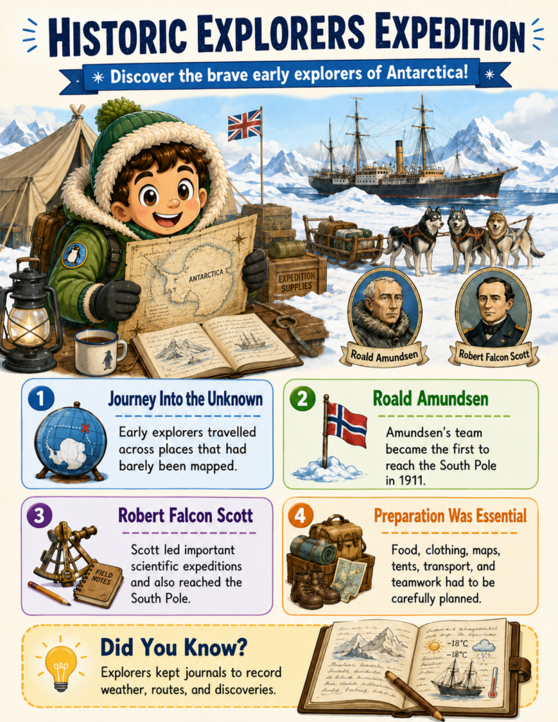 Educational Antarctica activity pages comparing historic polar explorers and modern Antarctic expeditions with fun geography and STEM learning for kids.