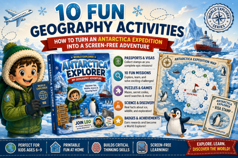 Antarctica Explorer activity book for kids with interactive geography activities, expedition map, passport, missions, penguins, and fun screen-free learning adventures.