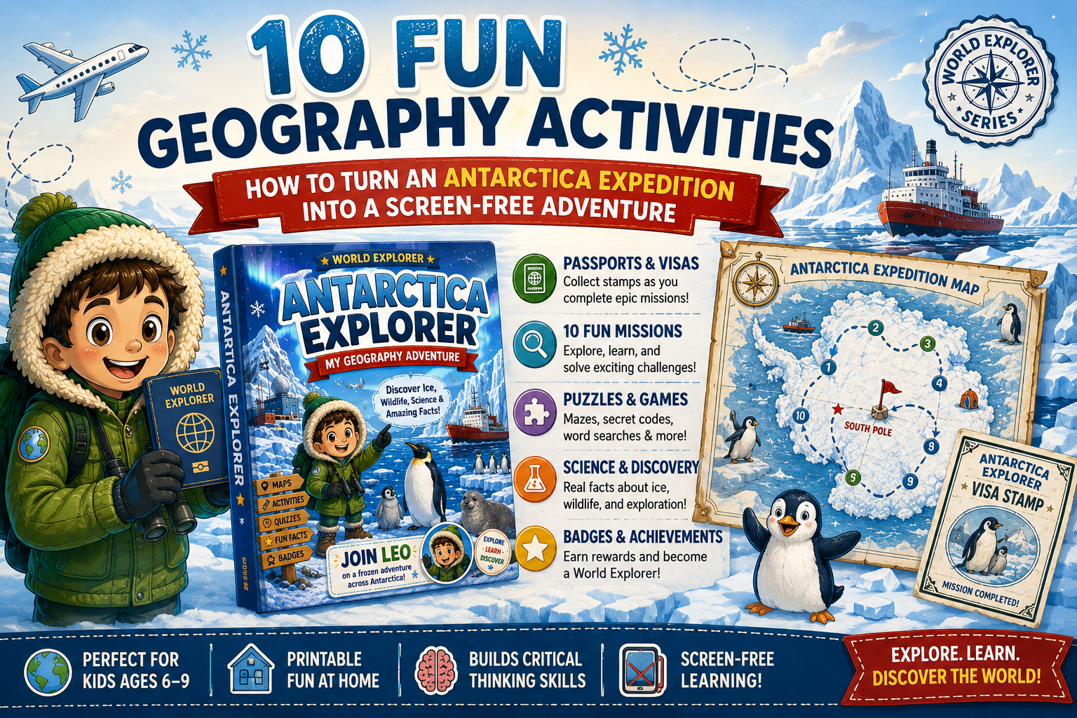 Antarctica Explorer activity book for kids with interactive geography activities, expedition map, passport, missions, penguins, and fun screen-free learning adventures.