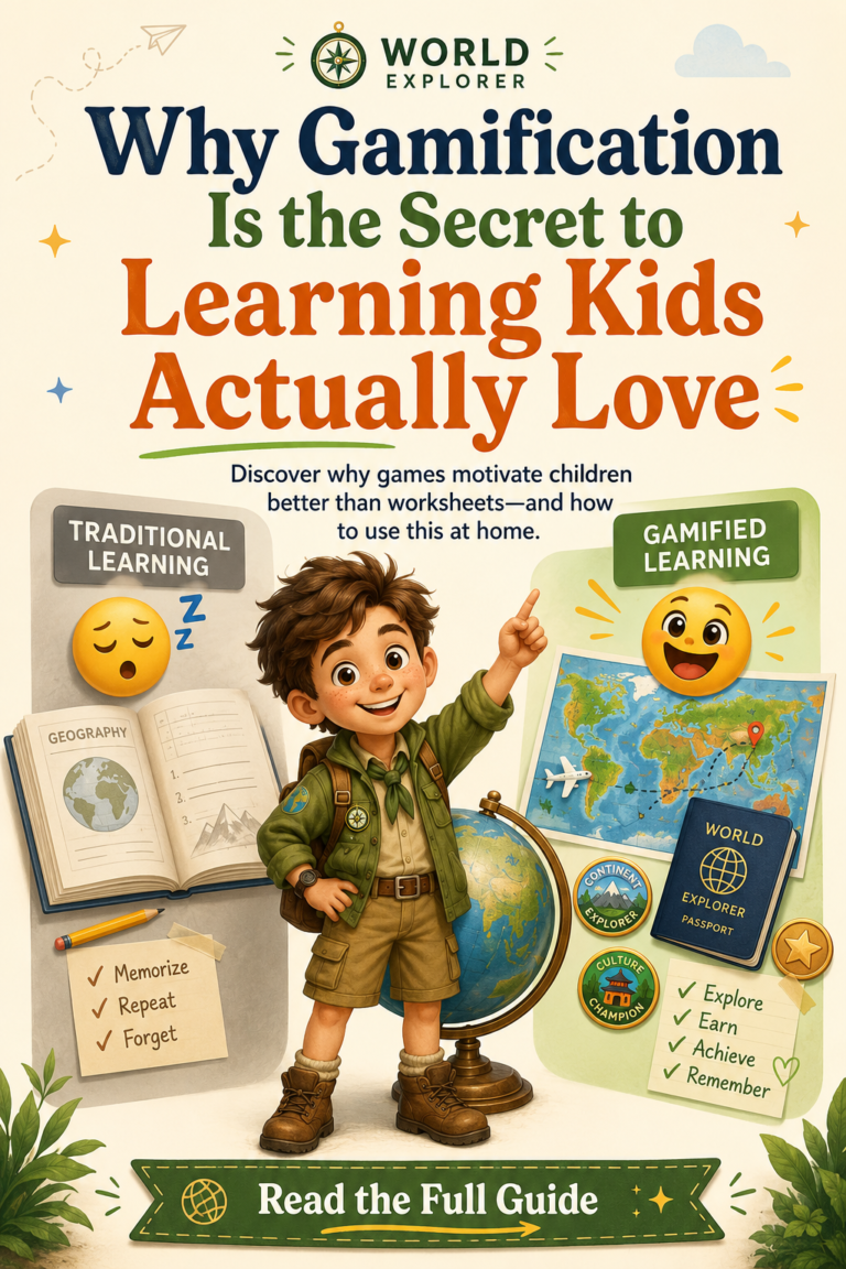 Educational Pinterest infographic showing Leo the young explorer beside a globe, with boring traditional worksheets on one side and an exciting world map, passport, badges, and learning missions on the other. The design explains how gamification can make learning more motivating and enjoyable for children.