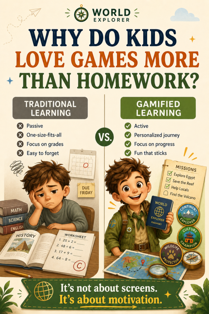 Split-screen educational infographic comparing traditional learning with gamified learning. A bored child sits with textbooks and worksheets on the left, while smiling explorer Leo holds a passport beside maps, missions, and collectible badges on the right.