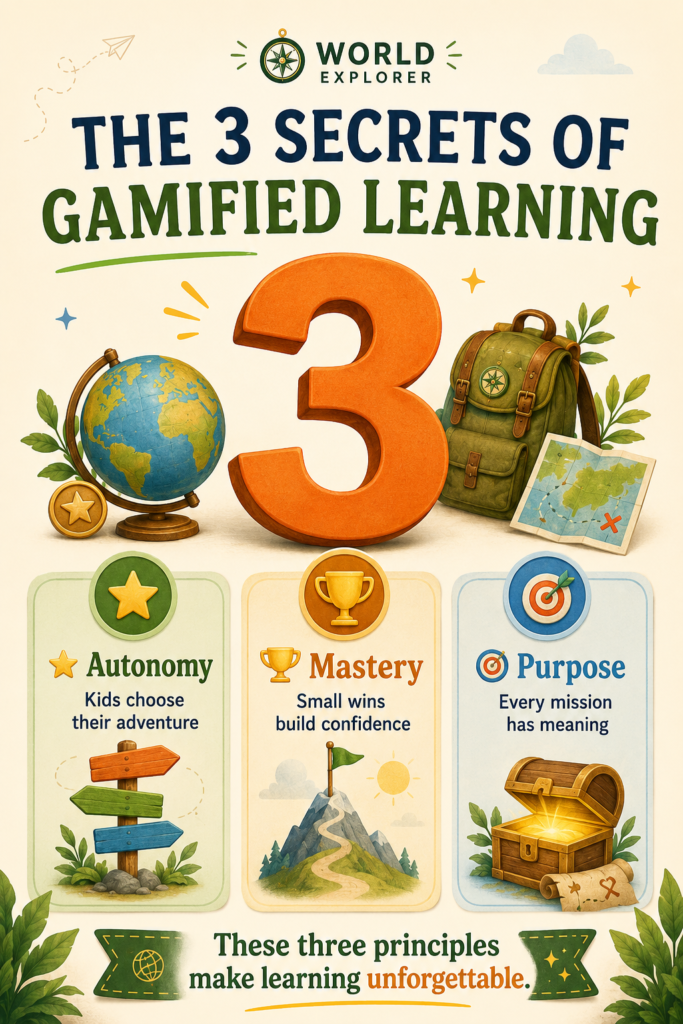 Colorful educational infographic featuring a large number three and three learning motivation principles: autonomy, mastery, and purpose. Each principle is shown with adventure-themed illustrations, including a signpost, mountain path, trophy, target, and treasure chest.