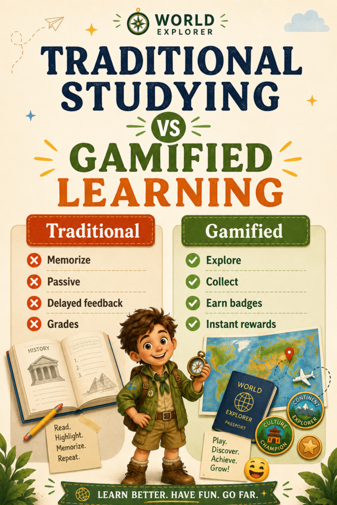 Comparison infographic showing traditional studying versus gamified learning. The traditional side includes memorization, passive study, delayed feedback, and grades, while the gamified side highlights exploration, collecting rewards, earning badges, and receiving instant feedback.