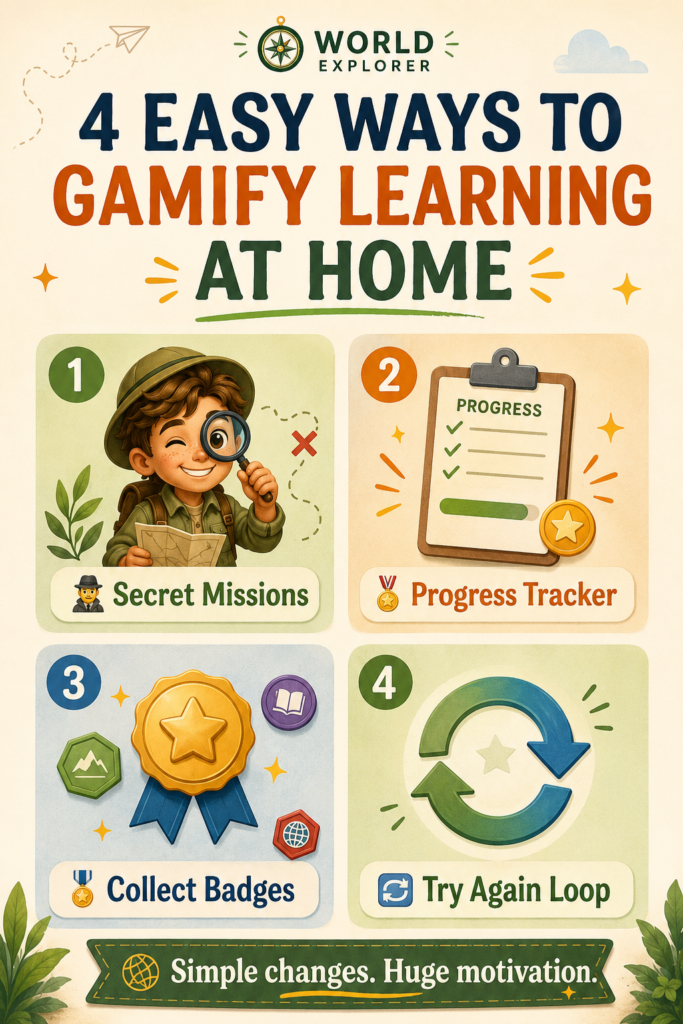 Educational Pinterest graphic presenting four simple ways to gamify learning at home: secret missions, a progress tracker, collectible badges, and a try-again loop. The design includes Leo, adventure icons, medals, checklists, and colorful learning rewards.
