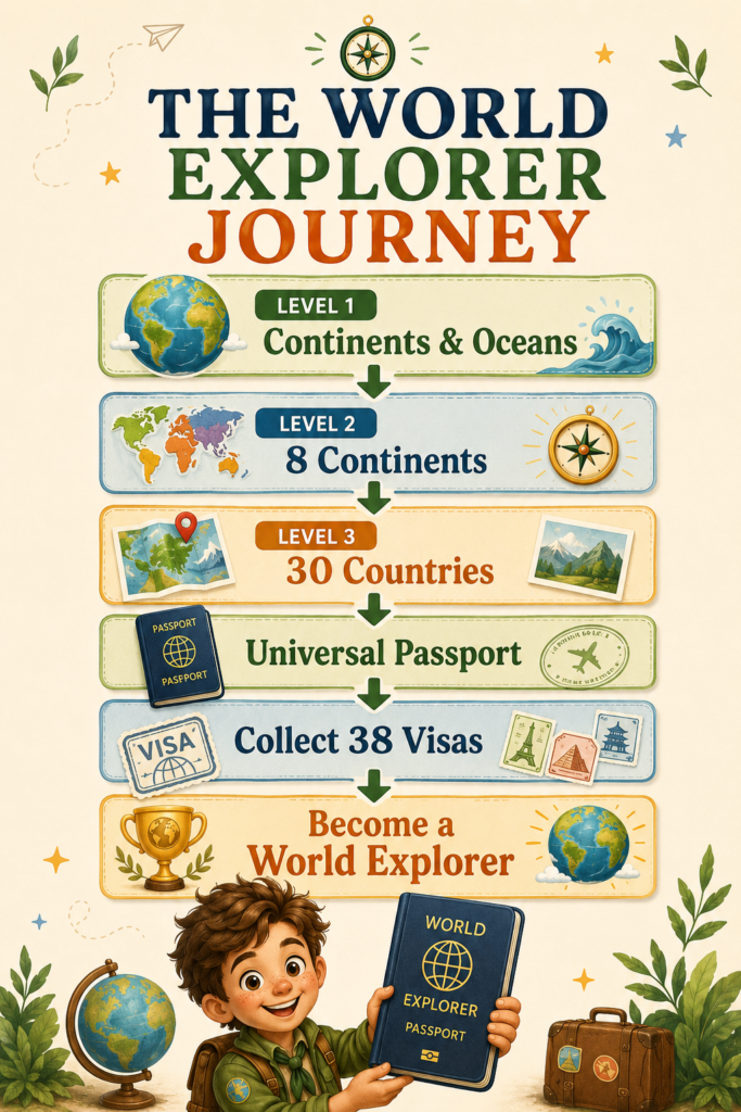 Vertical World Explorer learning journey infographic showing Level 1 Continents and Oceans, Level 2 continent exploration, Level 3 country studies, a universal passport, 38 collectible visas, and the final goal of becoming a World Explorer. Leo stands at the bottom holding a large passport.