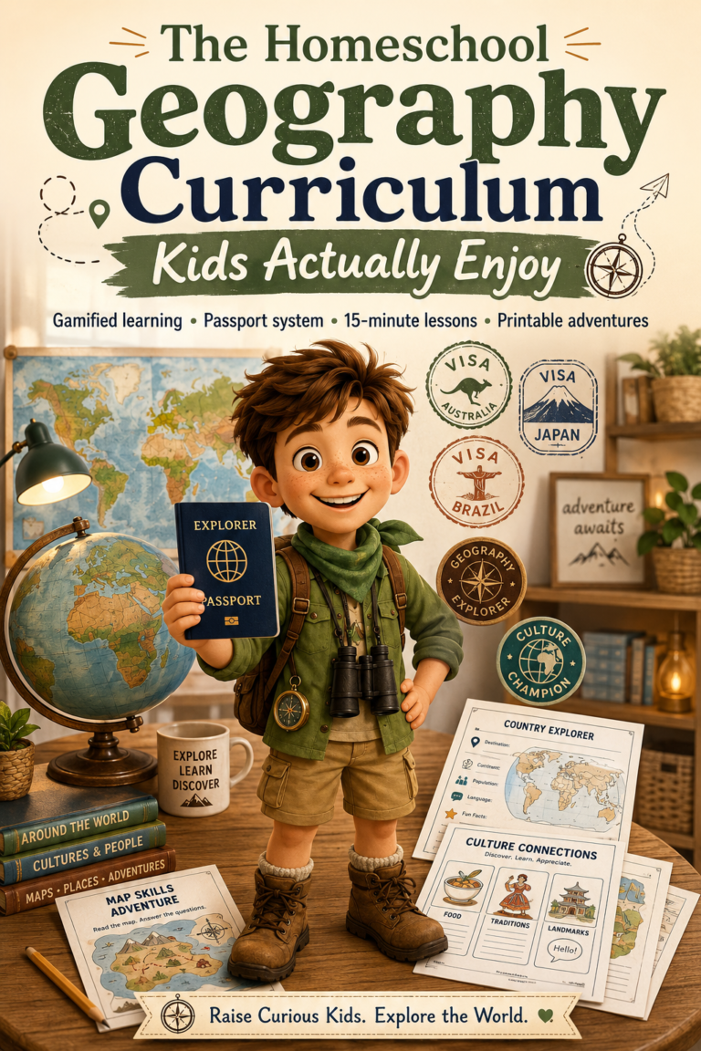 Warm homeschool geography infographic featuring Leo the young explorer in a cozy learning space with a globe, world map, explorer passport, printable workbook pages, visa stamps, and achievement badges. The design highlights gamified learning, 15-minute lessons, and printable geography adventures for children.