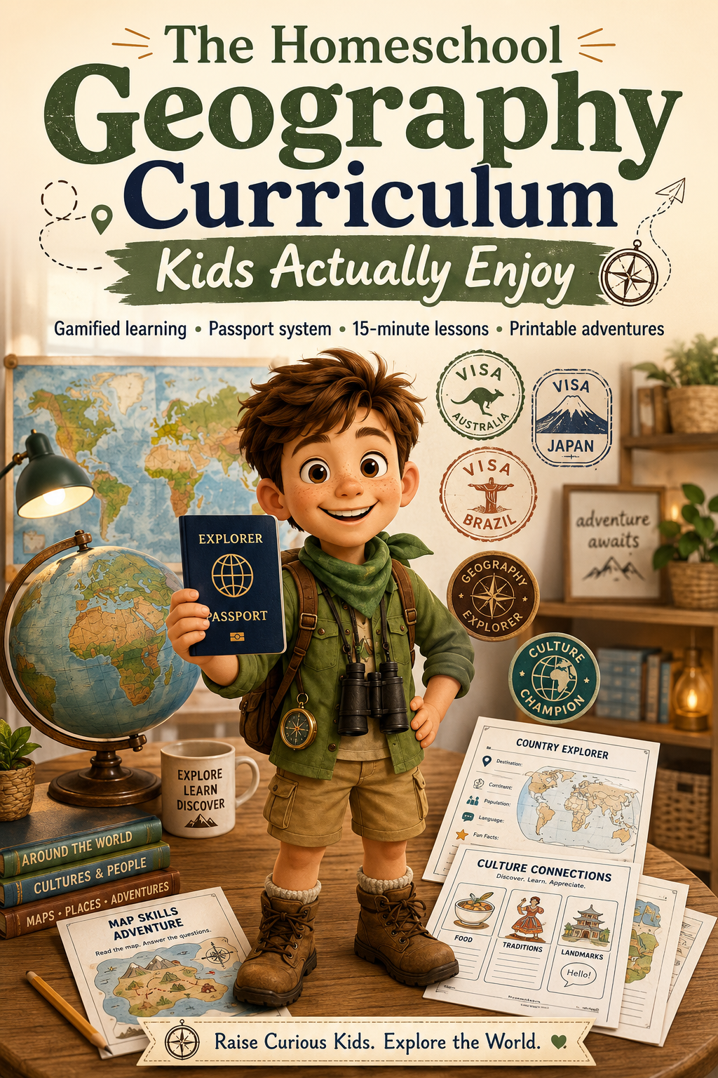 Warm homeschool geography infographic featuring Leo the young explorer in a cozy learning space with a globe, world map, explorer passport, printable workbook pages, visa stamps, and achievement badges. The design highlights gamified learning, 15-minute lessons, and printable geography adventures for children.