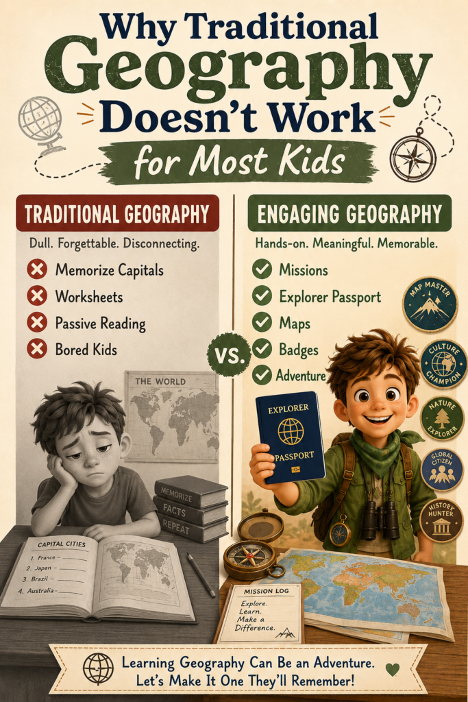 Split educational infographic comparing traditional geography lessons with engaging geography learning. The left side shows a bored child, worksheets, passive reading, and memorizing capitals, while the right side features Leo with missions, maps, badges, an explorer passport, and adventure-based learning. best homeschool geography curriculum activity book.
