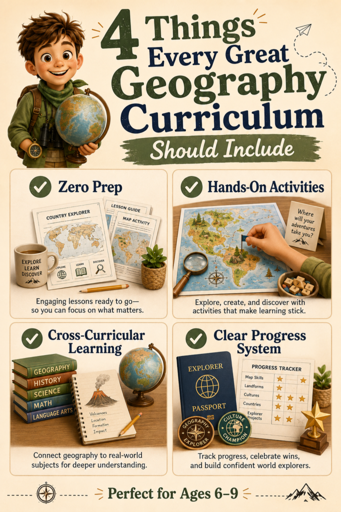 Homeschool geography infographic presenting four important curriculum features: zero prep, hands-on activities, cross-curricular learning, and a clear progress system. The design includes printable lessons, map activities, subject books, an explorer passport, badges, and a progress tracker.