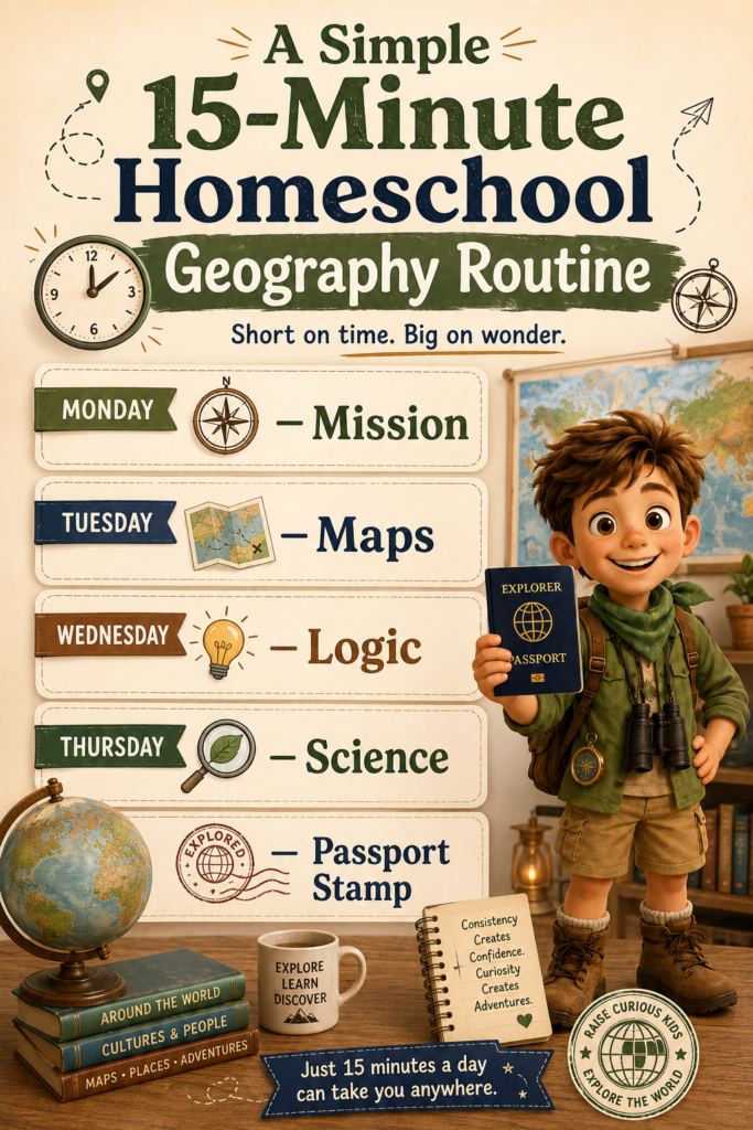 Weekly homeschool geography routine infographic showing Monday missions, Tuesday maps, Wednesday logic, Thursday science, and a Friday passport stamp. Leo stands beside the schedule holding an explorer passport in a cozy home-learning setting with a globe, books, and a clock.