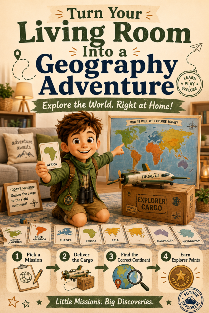 Playful indoor geography activity featuring Leo, continent cards, a toy airplane, a cargo box, and a large world map in a cozy living room. The four-step game invites children to pick a mission, deliver the cargo, find the correct continent, and earn explorer points.
