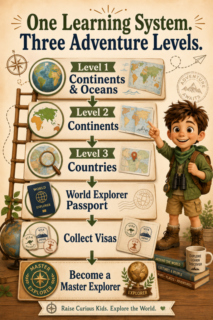 World Explorer learning system infographic showing three connected geography levels: continents and oceans, continents, and countries. The journey continues through a World Explorer Passport, collectible visas, and the final goal of becoming a Master Explorer.
