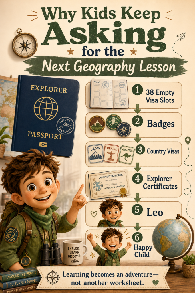 Motivational geography learning infographic featuring a large explorer passport and a reward path with 38 empty visa slots, collectible badges, country visas, explorer certificates, Leo, and a happy child. The design shows how geography lessons become an exciting ongoing adventure.