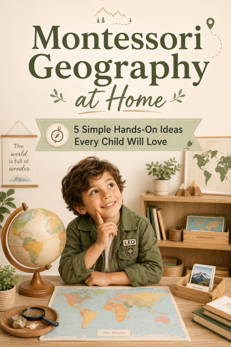 Child explorer Leo sitting at a Montessori geography table with a wooden globe, world map, learning trays, and natural wooden shelves in calm beige and green colors.