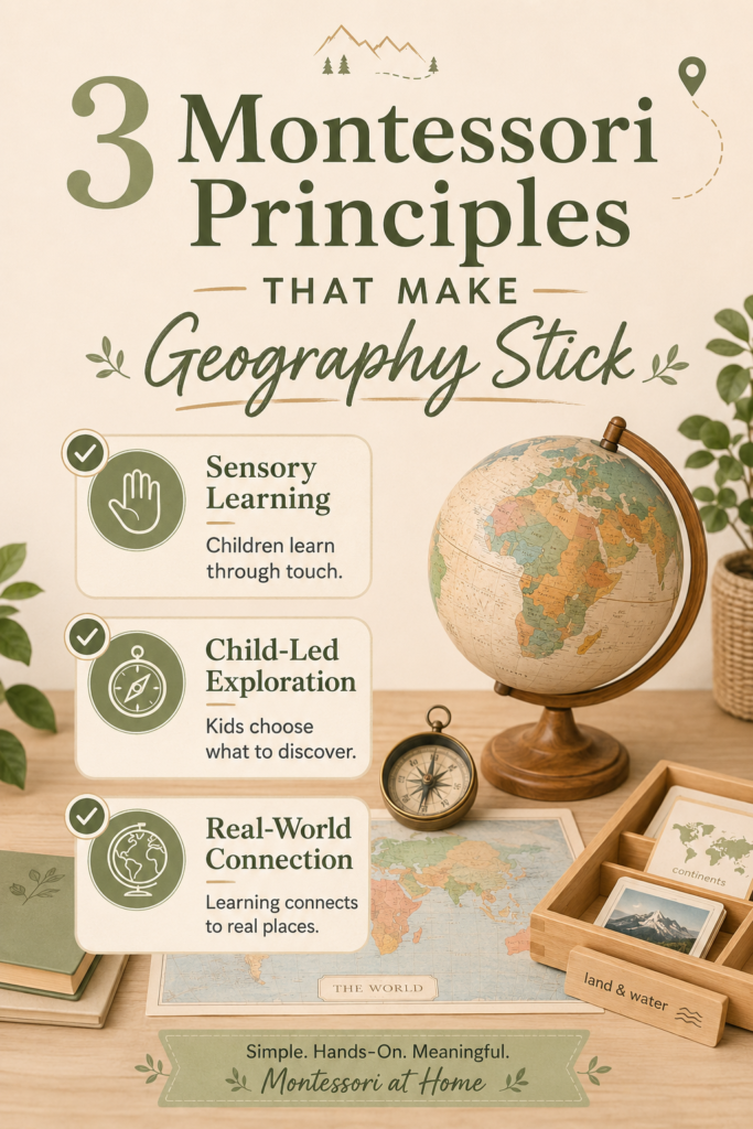 Montessori geography infographic showing sensory learning, child-led exploration, and real-world connections with a wooden globe, compass, world map, and learning containers.montessori geography at home activity book.