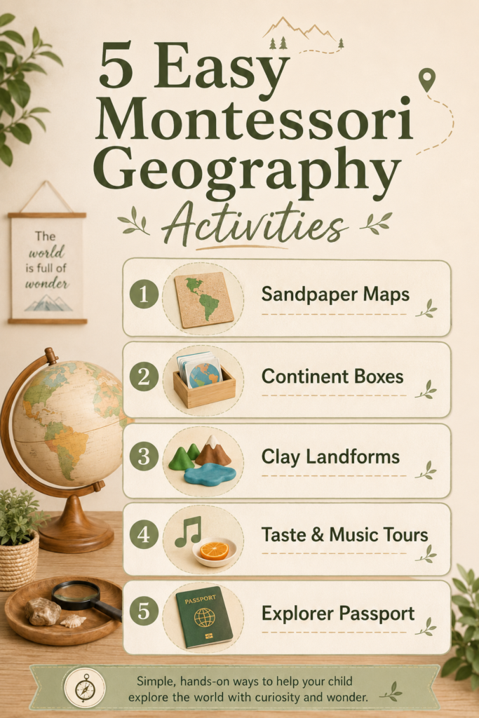 Five easy Montessori geography activities for kids, including sandpaper maps, continent boxes, clay landforms, music and food tours, and an explorer passport.