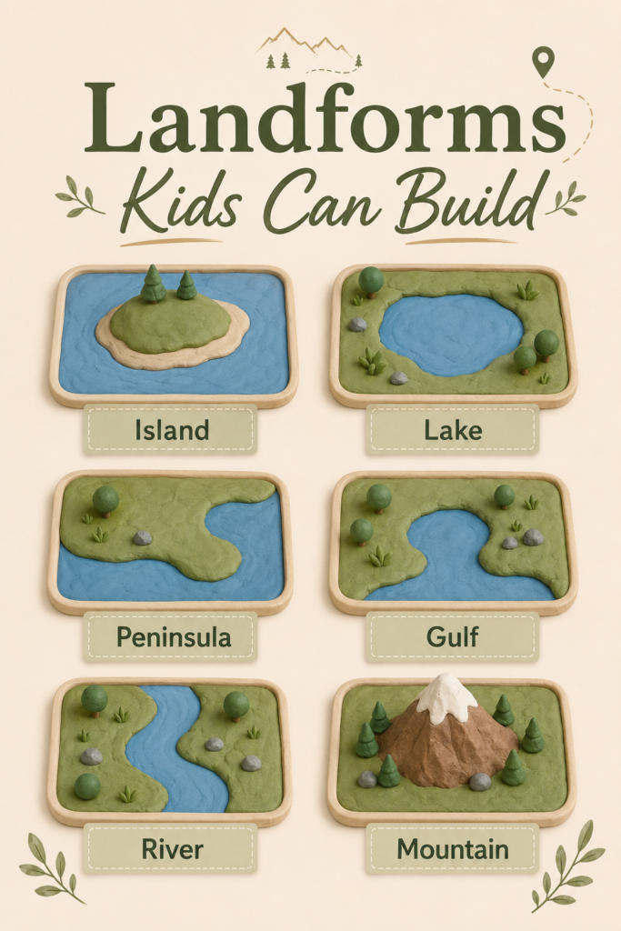 Six simple Montessori clay landform models showing an island, lake, peninsula, gulf, river, and mountain in labeled wooden trays.