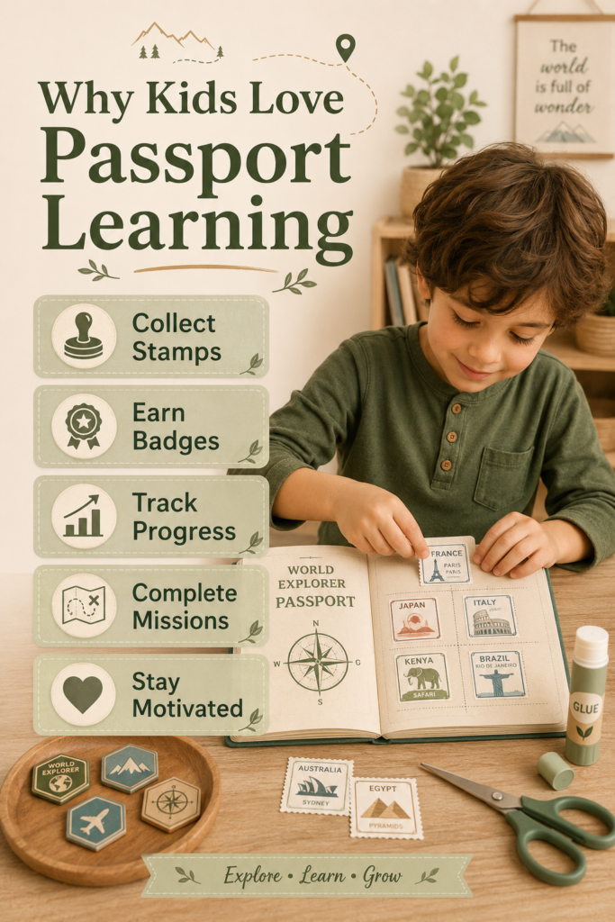 Child adding a country visa to a World Explorer Passport beside stamps, badges, scissors, and glue, with benefits of passport-based geography learning.