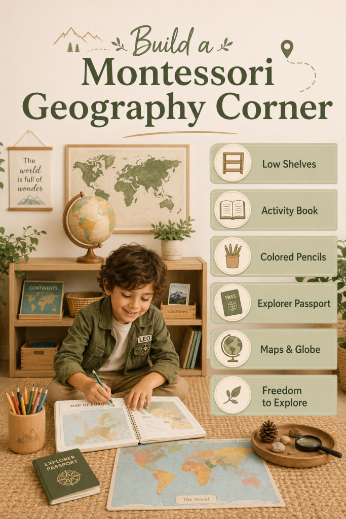 Cozy Montessori geography corner with low wooden shelves, a globe, world maps, colored pencils, an activity book, explorer passport, and Leo learning independently.