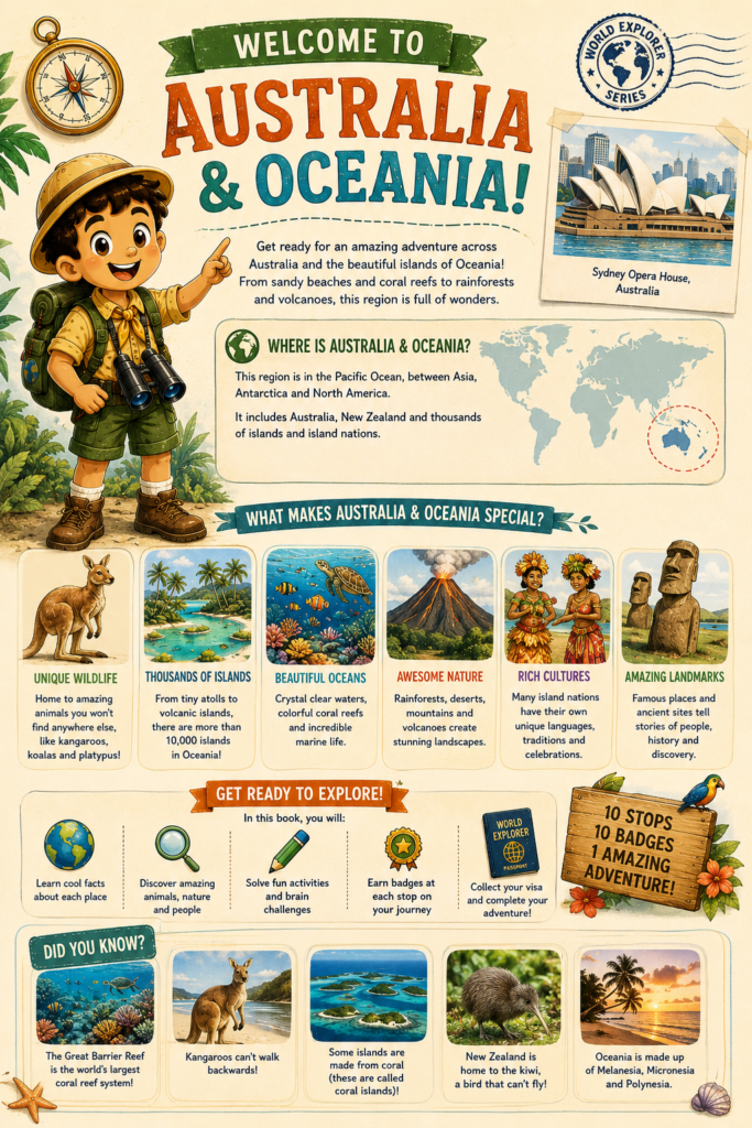 Homeschool australia and oceania geography printables showcasing unique outback marsupials and Great Barrier Reef marine life
