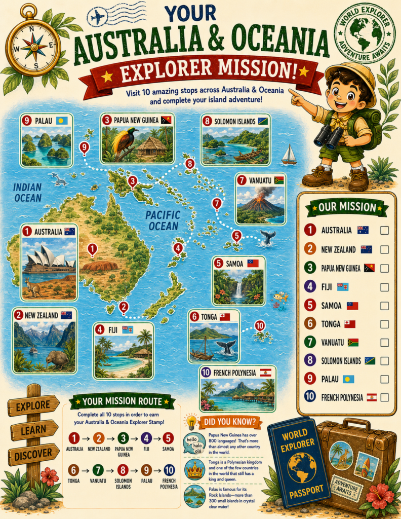 Interactive australia and oceania geography for kids worksheets teaching island destinations with a fun matching puzzle