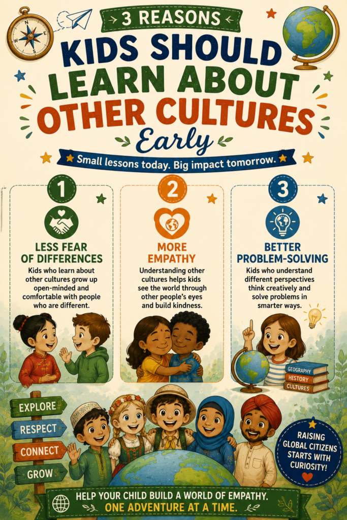 Educational infographic showing five qualities of a global citizen for kids: empathy, curiosity, respect, exploration, and caring for nature with colorful icons and diverse children around a globe.