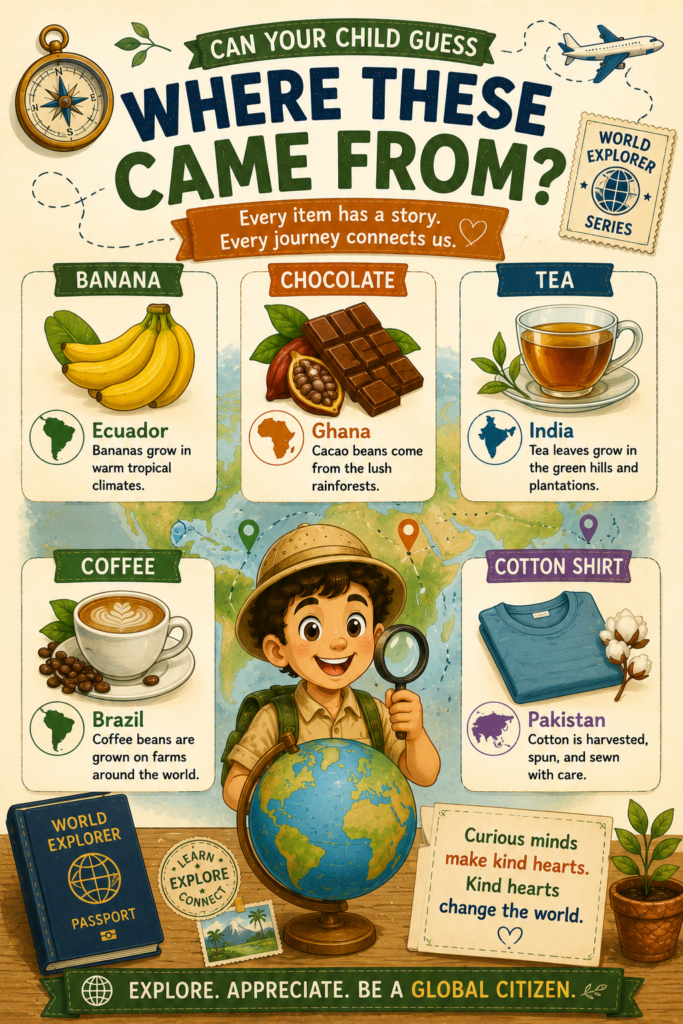 Printable geography activity for kids showing where common products come from around the world, including bananas, chocolate, tea, coffee, and cotton. Helps children learn about global citizenship, world cultures, and geography through real-life examples.