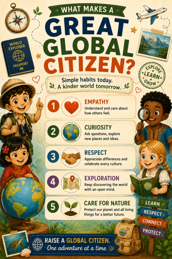 Educational infographic explaining five habits of a great global citizen including empathy, curiosity, respect, exploration, and caring for nature with diverse children and world exploration theme.