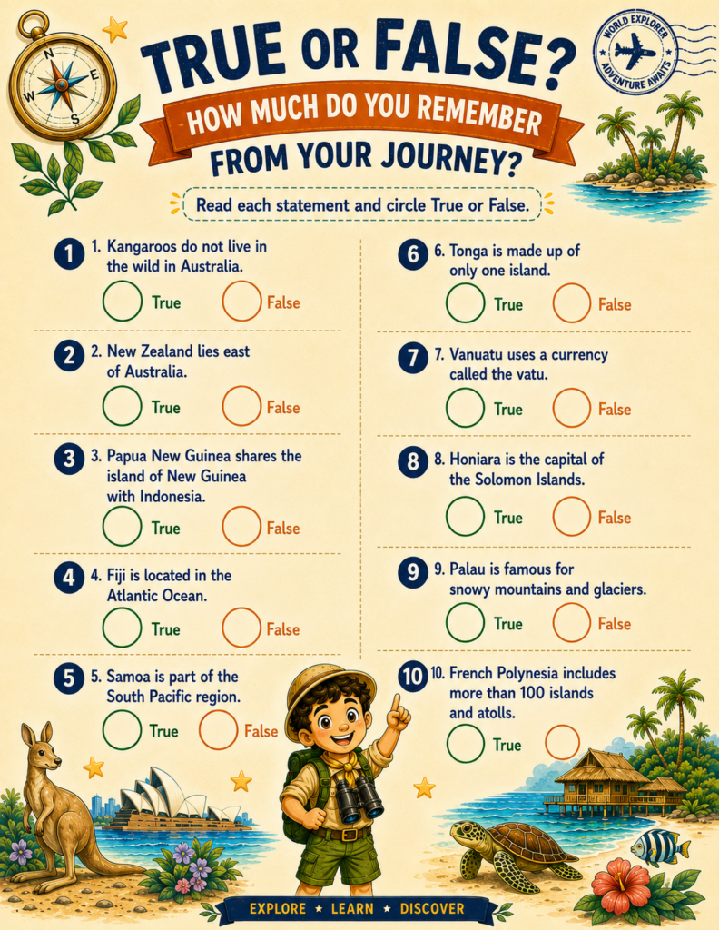 Australia and oceania geography for kids activity pages featuring a fun true or false science and wildlife review quiz