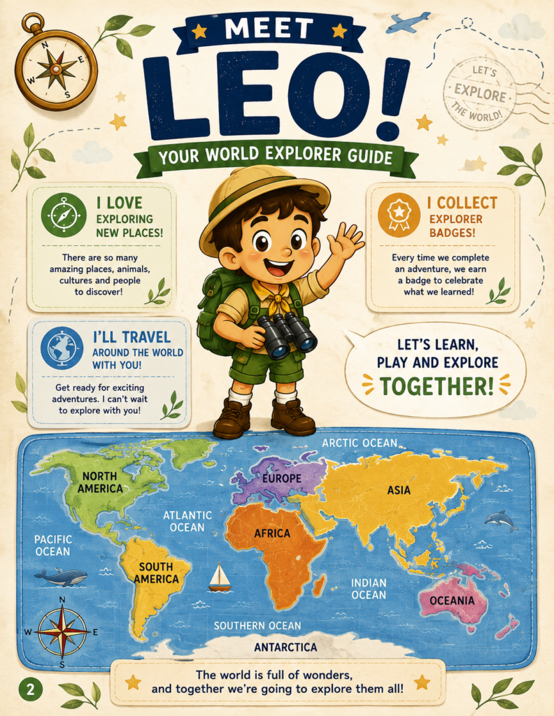 World Explorer geography activity book cover and guide character Leo